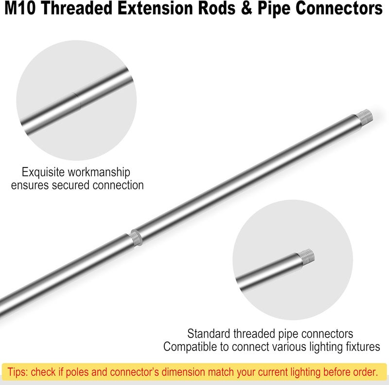 MAYOMAJO 8 Pieces M10 Threaded Extension Poles Lighting Fixture Downrods Stems & 180 Degrees Sloped Ceiling Adapter Kits for Pendant Light, Island Lighting, Chandeliers (Chrome) - Image 3
